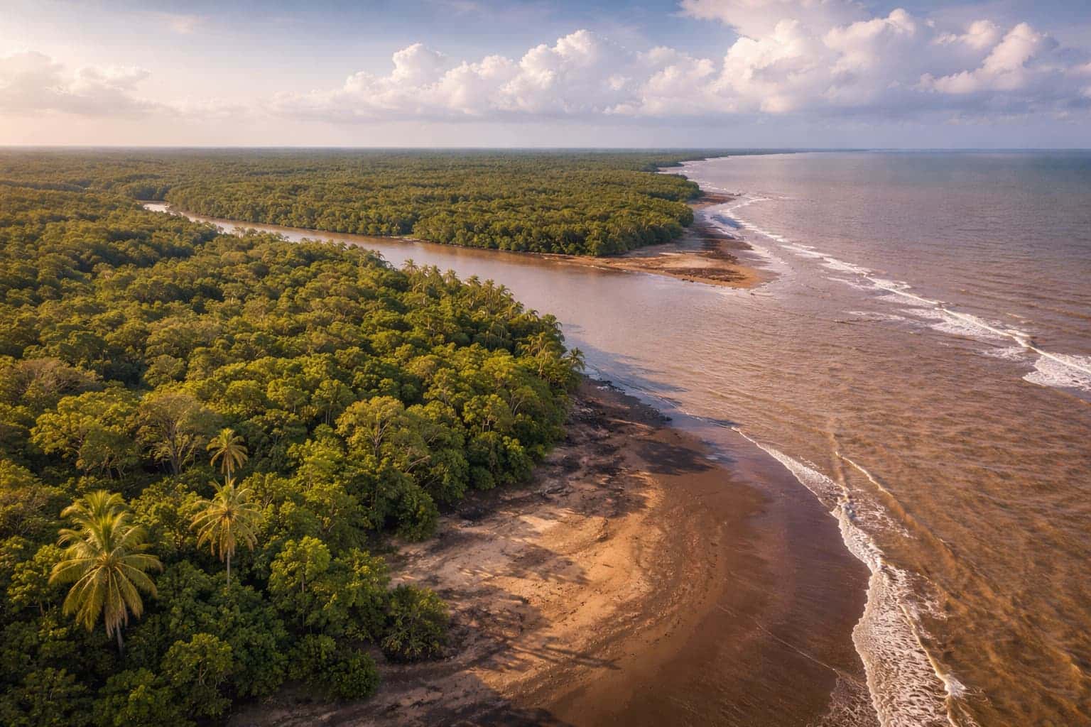 Littoral naturel de Guyane avec mangrove et océan